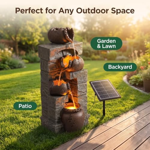 27'' Solar Powered Water Fountain Outdoor, Cascading Stones & Broken Earthenware Waterfall Fountain, Natural Relaxing Water Feature for Garden, Patio, Yard Landscape Decor - Image 6