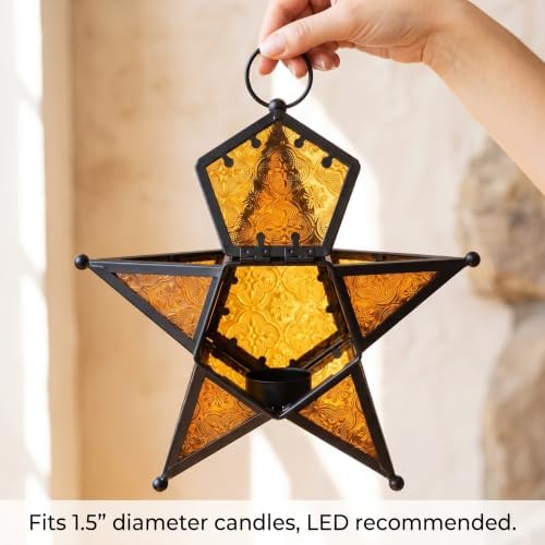 VELA LANTERNS Set of 2 Decorative Hanging Star Candle Lanterns – Moroccan Style Amber Glass & Metal Tealight Holders for Indoor, Outdoor, Patio, and Home Decor - Image 7