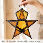 VELA LANTERNS Set of 2 Decorative Hanging Star Candle Lanterns – Moroccan Style Amber Glass & Metal Tealight Holders for Indoor, Outdoor, Patio, and Home Decor - Image 7