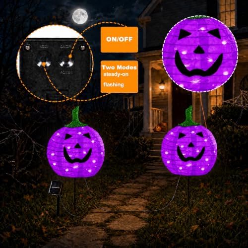 Solar Halloween Pumpkin Lights, 2 Pack Purple Pathway Stake Lights - Image 5