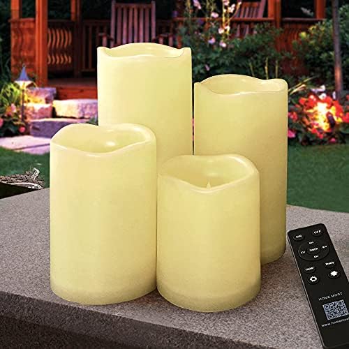 Set of 4 LED Pillar Candles Outdoor IP65 Waterproof 3x4 3x5 3x6 3x7 Cream Color - Pillar Candles Battery Powered with Timer and Remote - Battery Operated Unscented Outdoor Flameless Candles by HomeMost