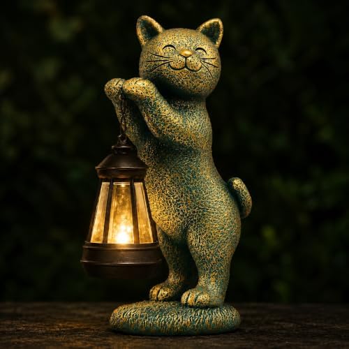Nacome Cat Outdoor Statues for Garden with Solar Lantern by Nacome