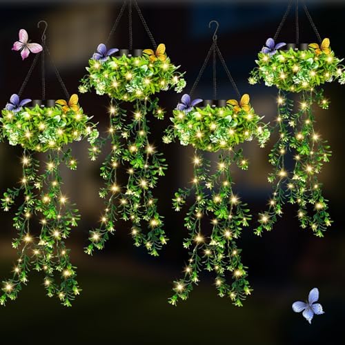 Solar Hanging Garden Lights, 4 Pack 66 LED Outdoor Lights with Realistic Milan Grass & White Flowers, IP65 Waterproof Solar Lanterns for Patio, Porch, Fence, Pergola & Backyard Decor, Auto On/Off by Unknown