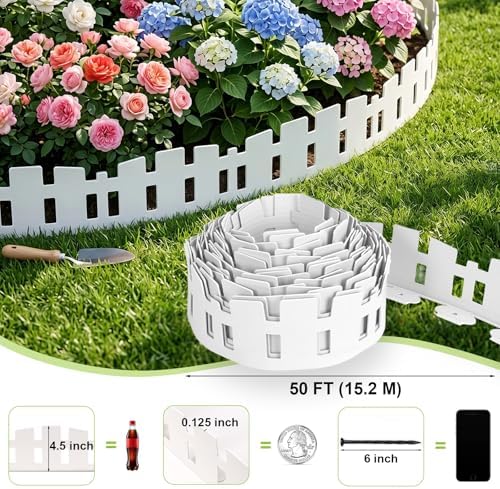 50FT Garden Edging Border, 4.5in White Picket Fence, 90 Flexible Stakes - Image 2