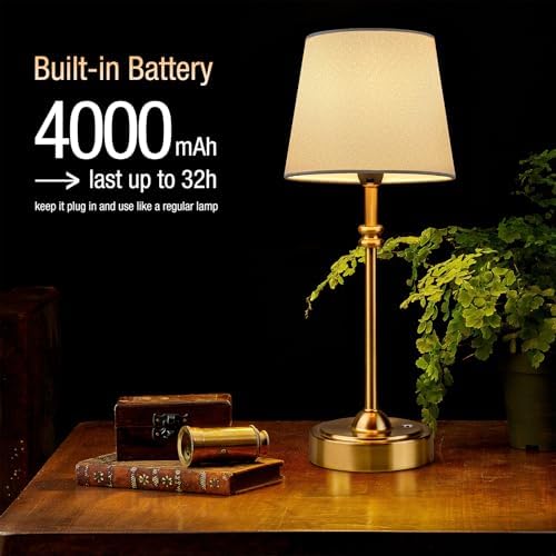 ONEWISH Cordless Lamp-Battery Operated Table lamp, 4000mAh Rechargeable, Stepless Dimmable, Small Touch Bedside Lamp with Fabric Shade, for Dining, Patio, Bathroom(Gold) - Image 3