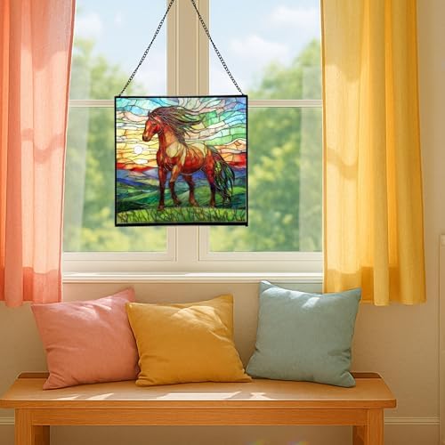 Bay Lusitano Horse Standing ATOP Hill at Sunset Square Suncatcher – Stained Glass Style Window Panel with Pastoral Scene, Custom Decorative Hanging Art for Equestrian Home, Christmas viOc1b - Image 4