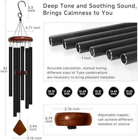 Bursvik 42" Deep Tone Wind Chimes - 6 Metal Tubes Rhombus Garden Patio Gift - Image 3