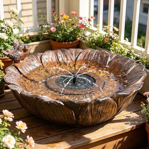 Outdoor Solar Bird Bath with Water Pump Fountain, Two Usage Modes for Hummingbird, 16.9" W Solar Powered Birdbath, Sunflower with Bird, 7 nozzles Water Feature for Garden Backyard Decor (Brown) by Unknown