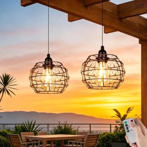 Battery Operated Outdoor Chandelier, 2Pack Gazebo Lights Waterproof, Beaded Copper Wire Drum Shape Hanging Pendant Lights with Remote for Gazebo, Pergola, Porch, Ceiling Indoor Outdoor Decor Lighting by TWINKVILLA
