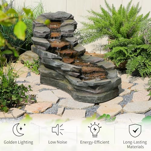 Sunlinua 49" L Water Fountain Outdoor 5-Tiers Rock Natural Waterfall Fountains Floor Standing Water Features with LED Lights for Garden, Patio, Porch, Home Art Decor - Image 4