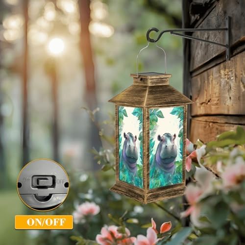 Solar Lantern Outdoor Waterproof Watercolor Hippo Portrait Cute Boho Feathers Prints Animals Posters Garden Decor LED Hanging Solar Lights Tabletop Lamp Gifts for Women Mom Outside Yard Patio Porch - Image 5