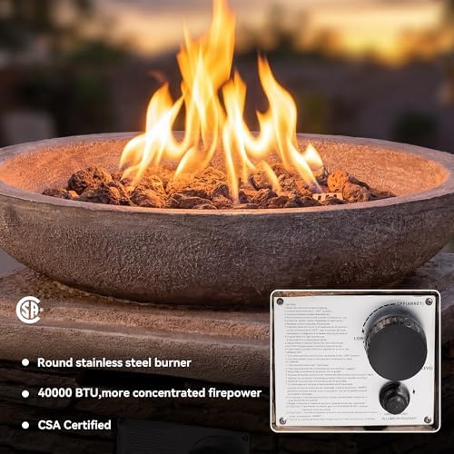 COSIEST Outdoor Propane Fire Pit Table w Faux Brown Compact Ledge Stone 20" Square Base and Faux Rose-Marble Round Bowl, Certified, 40,000 BTU, Free Lava Rocks, Fits 20lb Tank Inside, Raincover - Image 4