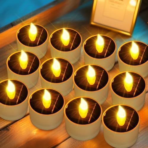 VOOKRY 12 Pcs Solar Tea Lights Outdoor - Flickering Solar Candle Lights Flameless Dusk to Dawn Lighting Waterproof Rechargeable LED Candles for Lantern Garden Camping Party Home Decoration,2.3''x2.1'' by VOOKRY