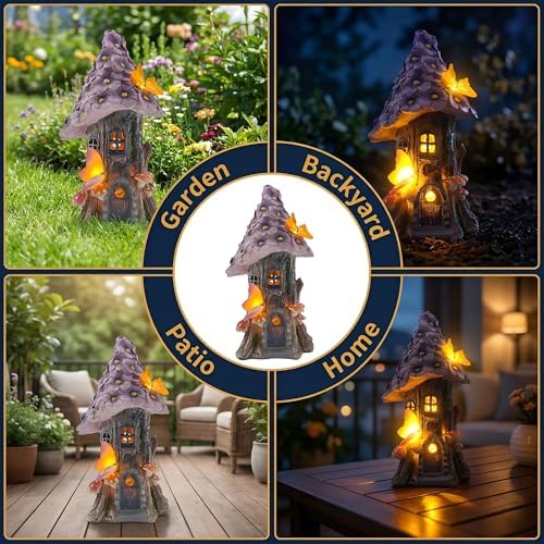 COWOS Mushroom House Statue, Garden Decor Outdoor Solar Statues, Solar Garden Statue Lights, Fairy Garden Decorations, Mushroom Fairy House Figurine with Butterflies and Flowers for Yard Decor - Image 4
