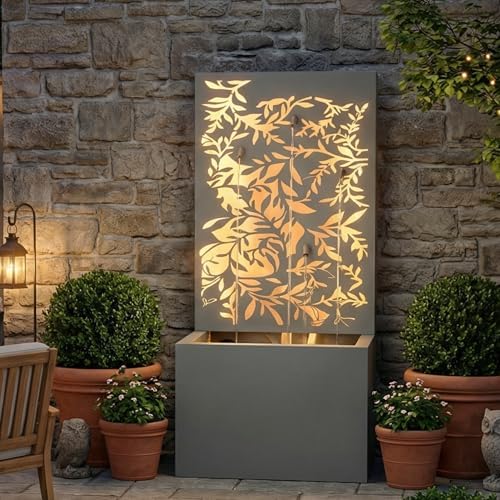 30.71" H Metal Leaf Cutout Water Wall Fountain with LED Lights, Light Gray - Image 3