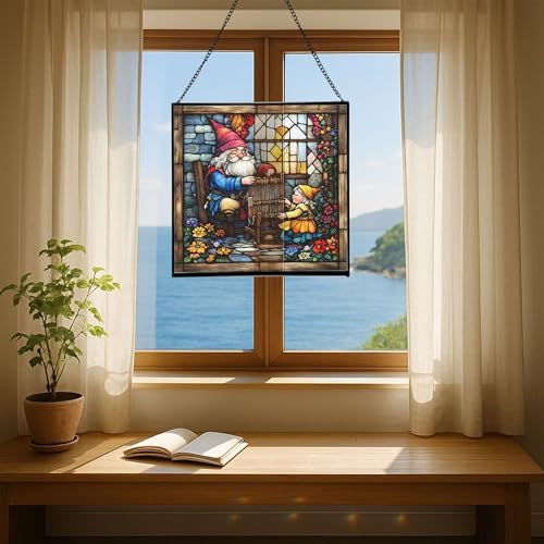 Gnome Weaving Stained Glass Suncatcher – Square Hanging Window Panel for Home, Garden, Nursery, Halloween, Christmas, Memorial Day – Whimsical Glass Art Gift for Gnome Lovers dvs12p - Image 6