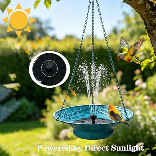 Hanging Bird Bath with Solar Fountain 29.5" H x 12.6" W Upgraded Metal Blue - Image 4