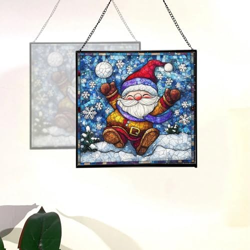 Snowball Gnome Joy Stained Glass Suncatcher – Square Hanging Window Panel for Home or Greenhouse – Whimsical Glass Art Gift for Garden Lovers, Christmas, Halloween, Father Days FU1p6u - Image 4