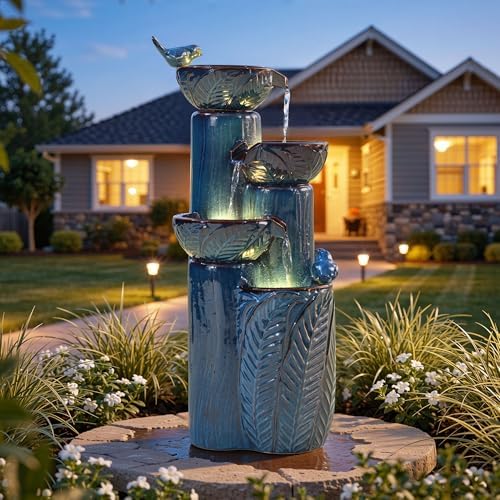 34" H Ceramic Outdoor Water Fountain with LED Lights, 4-Tier Bowl Water Feature with Birds, Teal Blue Glaze, Embossed Leaf Pattern, Cascading Waterfall for Tranquil Garden, Patio, or Porch by Ultym
