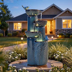 34" H Ceramic Outdoor Water Fountain with LED Lights, 4-Tier Bowl Water Feature with Birds, Teal Blue Glaze, Embossed Leaf Pattern, Cascading Waterfall for Tranquil Garden, Patio, or Porch by Ultym