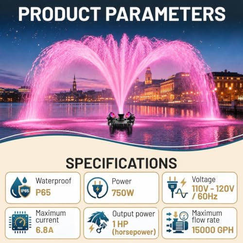 Pond Fountain Aerator with Lights,with 4 RGB Lights,10 Light Modes,750W 15000GPH 1HP 110V,Stainless Steel Floating Pond Fountain with 100FT Power Cord,Timer,Pond Fountains for Small Large Ponds,Lakes - Image 6