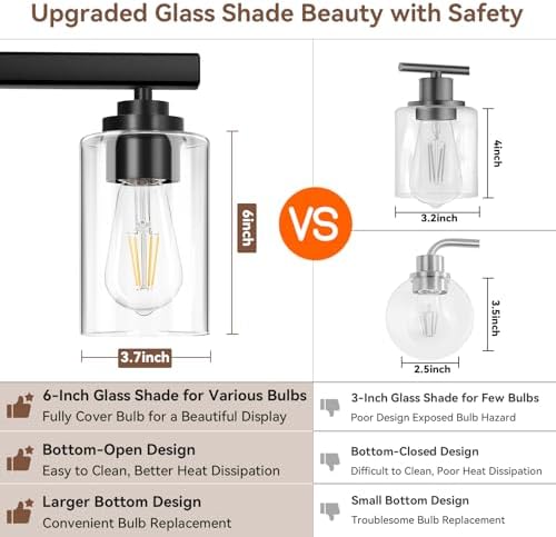 8-Light Bathroom Light Fixtures, 51" Modern Vanity Lights Over Mirror with Clear Glass Shades, Matte Black Light Fixture, Classic Wall Light Fixture for Mirror Living Room Cabinet Bedroom Porch - Image 4