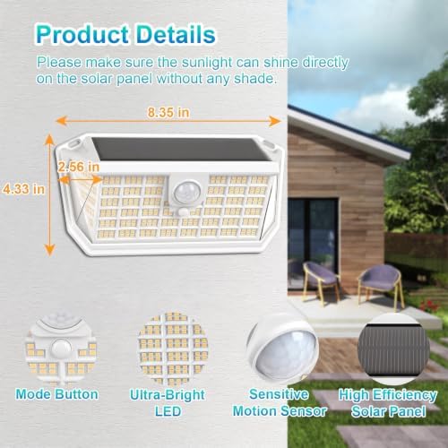 Brightever Solar Motion Sensor Outdoor Lights, 4000LM 344 LEDs Solar Outdoor Lights, IP65 Waterproof Exterior Flood Security Lights with 270° Wide Angle & 3 Modes for Patio Garage, 2-Pack White - Image 6
