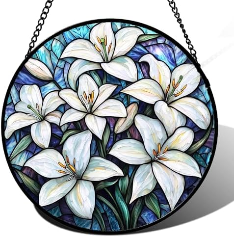 Stained Glass Window Hanging - White Lily Flowers Suncatcher for Door Terrace Garden Home Decor Blue Purple Sun Catcher Birthday Gifts for Lovers Women Men Dad Mom Nana 15 in by JOSUMALY