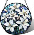 Stained Glass Window Hanging - White Lily Flowers Suncatcher for Door Terrace Garden Home Decor Blue Purple Sun Catcher Birthday Gifts for Lovers Women Men Dad Mom Nana 15 in by JOSUMALY