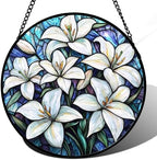 Stained Glass Window Hanging - White Lily Flowers Suncatcher for Door Terrace Garden Home Decor Blue Purple Sun Catcher Birthday Gifts for Lovers Women Men Dad Mom Nana 15 in by JOSUMALY