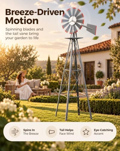 8FT Windmill for Yard Garden Decoration with Weather Vanes，Heavy Duty Outdoor Wind Mills, Large Metal Outdoor Windmill,Weather Resistant,Gray - Image 4