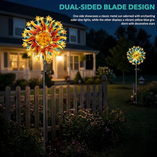 60.3" Solar Wind Spinner with Lights, Double-Sided Sun Face Metal Garden Spinner with Kinetic Back Blades, Solar LED Outdoor Yard Art Decor for Patio Lawn Garden - Image 5