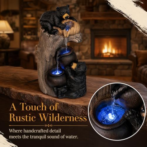 24" Outdoor Water Fountain with LED Lights, Bear Tree Stump Decor - Image 3
