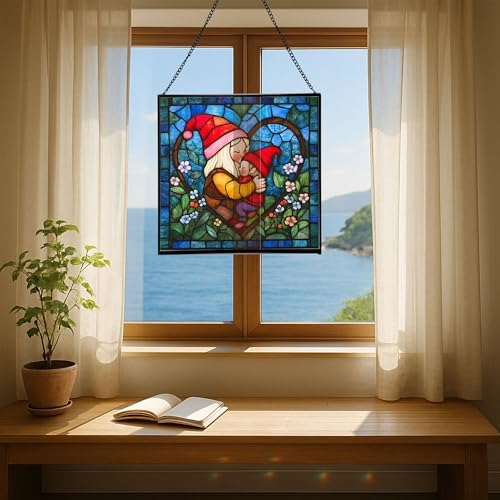 Gnome Hugging Child Stained Glass Suncatcher – Square Hanging Window Panel for Home, Garden, Nursery, Halloween, Christmas, Memorial Day – Whimsical Glass Art Gift for Gnome Lovers abowiz - Image 6