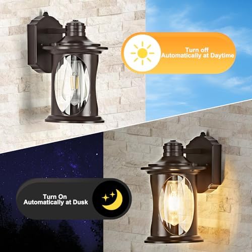 OKELI 2-Pack Dusk to Dawn Outdoor Wall Lights, Black Exterior Lighting Fixture Wall Sconces with E26 & Tempered Glass, Rust Resistant Outside Lantern Lights Wall Mounted for Porch(Brown) - Image 2