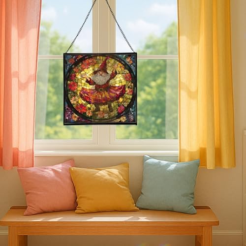 Petal Skirt Gnome Dance Stained Glass Suncatcher – Square Hanging Window Panel for Home or Greenhouse – Whimsical Glass Art Gift for Garden Lovers, Christmas, Halloween, Father Days RKJjbe - Image 5