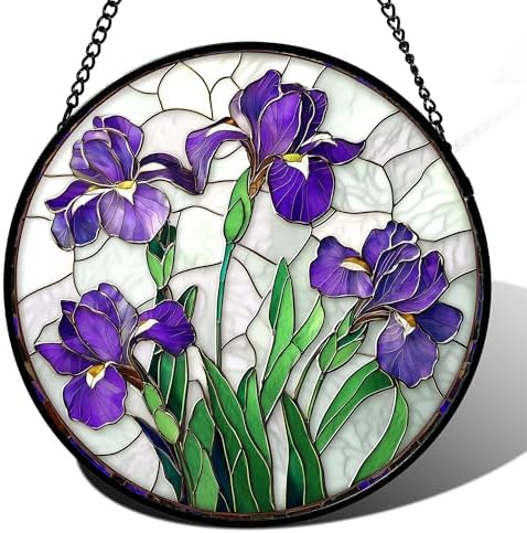 Stained Glass Window Hanging - Purple Iris Flower Sun Catcher for Door Terrace Garden Home Decor, Green Plants Suncatcher Birthday Gifts for Lovers Women Men Dad Mom Nana 9.8 in by JOSUMALY