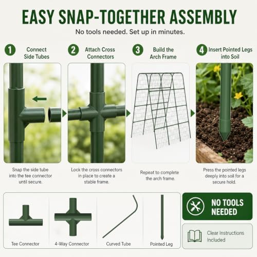 63" Tall Garden Trellis for Climbing Plants, 16mm Heavy Duty Metal Frame Cucumber Trellis with Netting, 20 Plant Clips, Easy Assembly Vegetable Trellis for Tomatoes, Beans, Peas, Raised Bed - Image 6