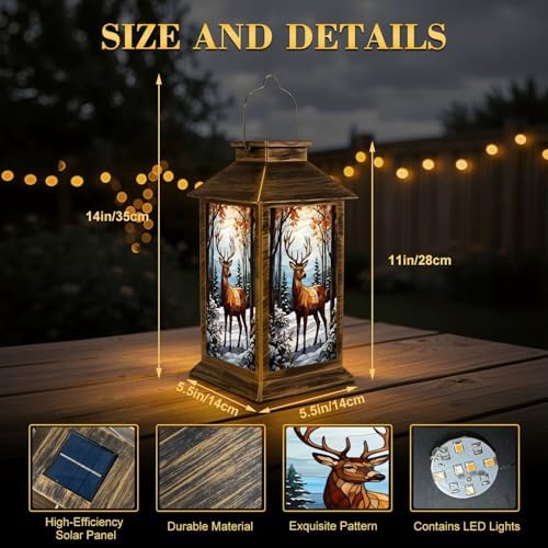 Solar Lantern Outdoor Waterproof Majestic Stag Winter Forest Autumn Leaves Stained Glass Garden Decor LED Hanging Solar Lights Tabletop Lamp Gifts for Women Mom Outside Yard Patio Porch - Image 2