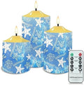 Cozeyat Flickering Flameless Candles with Timer Blue Ocean Starfish Design 4/6H Timers Tealights, Ivory Pillar Battery Operated Candles with Dancing LED Flame Set of 3 by Cozeyat