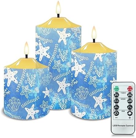Cozeyat Flickering Flameless Candles with Timer Blue Ocean Starfish Design 4/6H Timers Tealights, Ivory Pillar Battery Operated Candles with Dancing LED Flame Set of 3 by Cozeyat