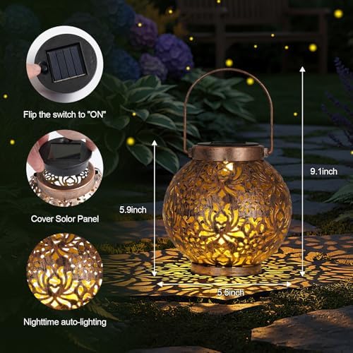 Homemory 2 Pack Solar Hanging Lanterns Lights Outdoor, Waterproof Copper - Image 3