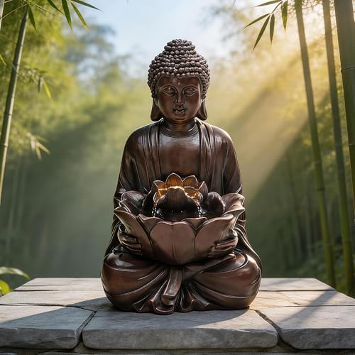 Zen Buddha Water Fountain Outdoor, 19" H Handcrafted Buddha Statue Water Feature with Soothing Waterfalls & Lights, Peaceful Oasis for Garden Patio Yard Deck Living Room Floor Tabletop Decor - Image 6