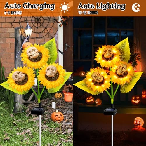 Halloween Decorations Outdoor, 3 Pack Solar Scary Skull Sunflowers Lights,Waterproof Solar Flowers Lights Garden Decor for Halloween Yard Patio Lawn Party Decor - Image 4