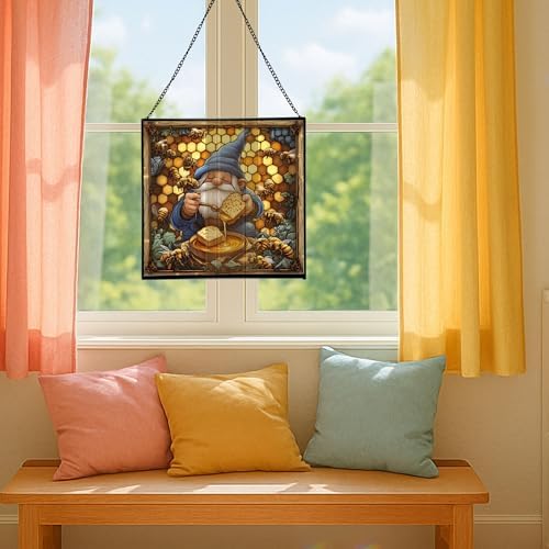 Honey Gnome Feast Stained Glass Suncatcher – Square Hanging Window Panel for Home or Greenhouse – Whimsical Glass Art Gift for Garden Lovers, Christmas, Halloween, Father Days BRew6v - Image 5