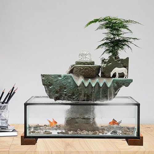 Tabletop Water Fountains Decoration, Eco Fish Tank Water Fountains with Mist LED & Fake Plants-Decor for Meditation, Good Luck Wealth, Waterfall Indoor for Home and Office - Image 4