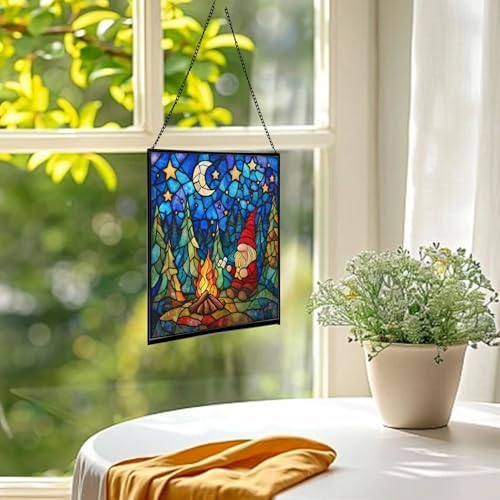 Camping Gnome Delight Stained Glass Suncatcher – Square Hanging Window Panel for Home or Greenhouse – Whimsical Glass Art Gift for Garden Lovers, Christmas, Halloween, Father Days PbwBv7 - Image 3