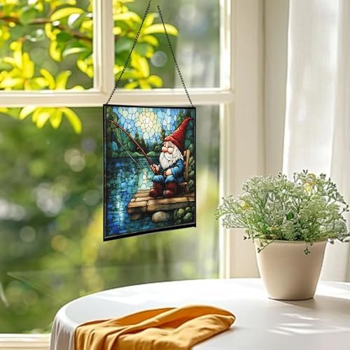 Fishing Gnome by The Lake Stained Glass Suncatcher – Square Hanging Window Panel for Home or Greenhouse – Whimsical Glass Art Gift for Garden Lovers, Christmas, Halloween, Father Days RUy8OS - Image 3