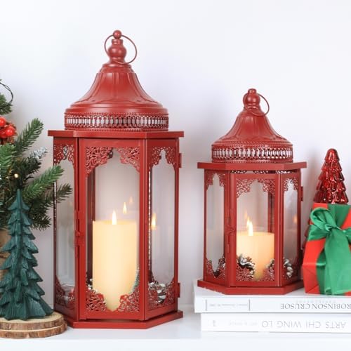 NEEDOMO Decorations for Home, 22''/15'' Set of 2 Lanterns with Glass Panels for Home Decor, Decorative Hanging Lantern Indoor Outdoor for Xmas Table Centerpieces, Porch, Patio(Red) by NEEDOMO-LightUpYourSpace