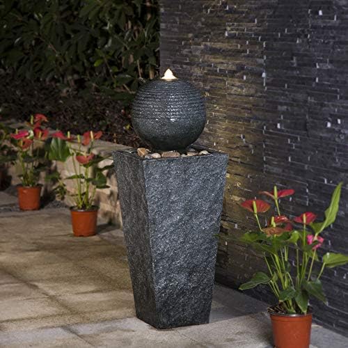 Glitzhome Outdoor Water Fountain, Outdoor Fountain with Pebbles, Pump and LED Light, 31.75" H Modern Geometric Pedestal and Sphere Polyresin Waterfall Fountain for Patio, Backyard, Garden, Deck Decor - Image 2